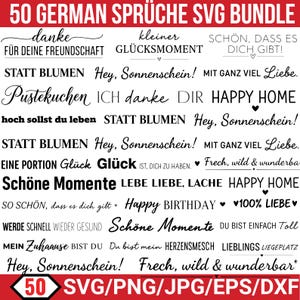 Puede incluir: Un paquete de diseño digital con 50 frases alemanas en varias fuentes. Las frases incluyen sentimientos como "Gracias", "Feliz cumpleaños" y "Amor". El paquete incluye formatos de archivo SVG, PNG, JPG, EPS y DXF. El texto es negro sobre fondo blanco.