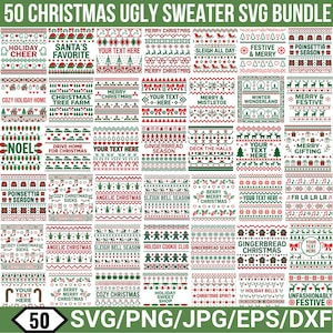 May include: A digital collection of 50 Christmas ugly sweater designs featuring red and green patterns with various holiday motifs like reindeer, trees, snowflakes, and text such as Holiday Cheer, Sleigh All Day, and Your Text Here in SVG format.