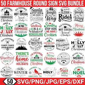 Könnte beinhalten: Eine Sammlung von 50 runden SVG-Designs im Landhausstil. Die Schilder zeigen Weihnachts- und Winterthemen mit Texten wie „Frohe Weihnachten“, „Santa Stop Here“ und „Hallo Winter“. Die Designs sind in den Formaten SVG, PNG, JPG, EPS und DXX verfügbar.