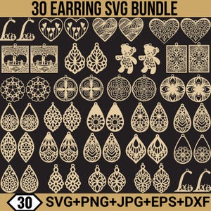 以下が含まれることがあります： ハート、涙、花柄など、さまざまな形の30個のイヤリングSVGデザインのコレクション。 デザインは黒い背景に薄茶色です。 上部には「30 EARRING SVG BUNDLE」というテキストがあります。