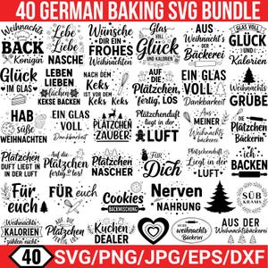 Peut inclure: Un ensemble graphique noir et blanc de 40 fichiers SVG, PNG, JPG, EPS et DXF sur le thème de la pâtisserie allemande. Les motifs comprennent du texte et des illustrations liés à la pâtisserie de Noël.