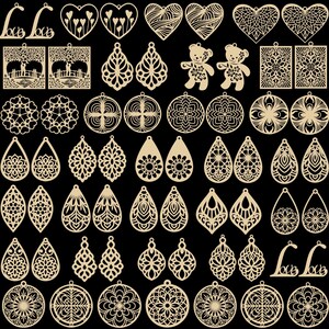 May include: A collection of laser-cut wooden earrings in various shapes and designs, including hearts, teardrops, and floral patterns. Some earrings feature the word "Love". The earrings are displayed against a black background.