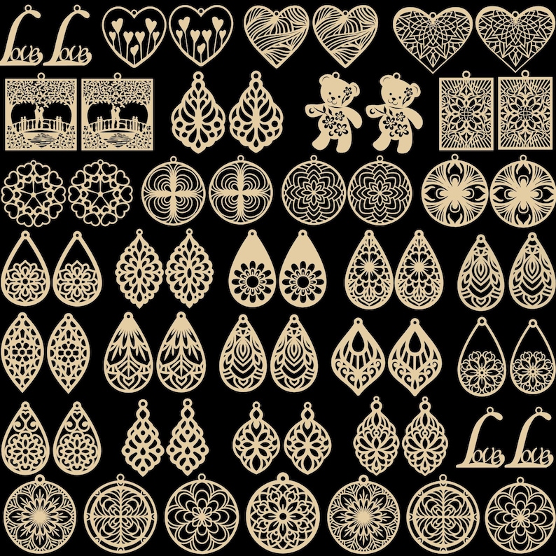 May include: A collection of laser-cut wooden earrings in various shapes and designs, including hearts, teardrops, and floral patterns. Some earrings feature the word "Love". The earrings are displayed against a black background.