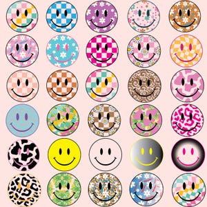 May include: A collection of colorful smiley face designs on a light pink background. Each smiley face is a circle with a smiling mouth and eyes, featuring various patterns like checkerboard, floral, and animal prints. The color palette includes pink, yellow, blue, and brown.