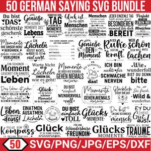 Puede incluir: Un paquete de diseño digital con 50 refranes alemanes en formatos SVG, PNG, JPG, EPS y DXF. Las frases están en una variedad de fuentes y estilos, con una pancarta roja en la parte superior e inferior.