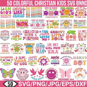 May include: A collection of 50 colorful Christian kids' SVG designs. The designs feature various phrases, smiley faces, butterflies, and floral elements in a retro style. The designs include text like "Jesus Loves Me" and "God is Good."