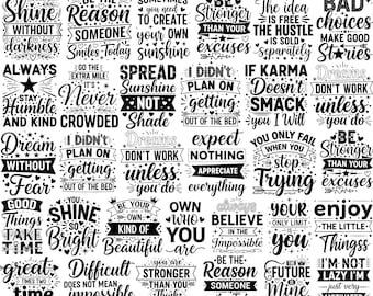 Puede incluir: Un paquete de arte digital en blanco y negro con 50 citas motivacionales. El texto incluye frases como «Sueña sin miedo» y «Sé la razón por la que alguien sonríe hoy». Disponible en formatos SVG, PNG, JPG, EPS y DXF.