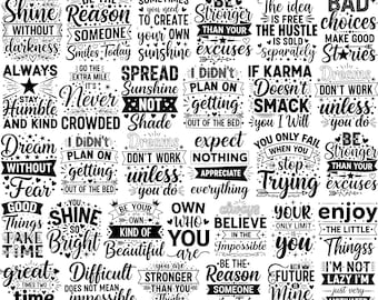 Puede incluir: Un paquete de descarga digital de 50 archivos SVG motivacionales. Cada diseño presenta citas y frases inspiradoras en una variedad de fuentes. El paquete incluye formatos de archivo SVG, PNG, JPG, EPS y DXF, perfectos para proyectos de manualidades.