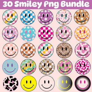 May include: A set of 30 smiley face PNG graphics. Each circular smiley face has a smiling mouth and eyes, with patterns including checkerboard, floral, and animal prints. The text "30 Smiley Png Bundle" is at the top of the image.