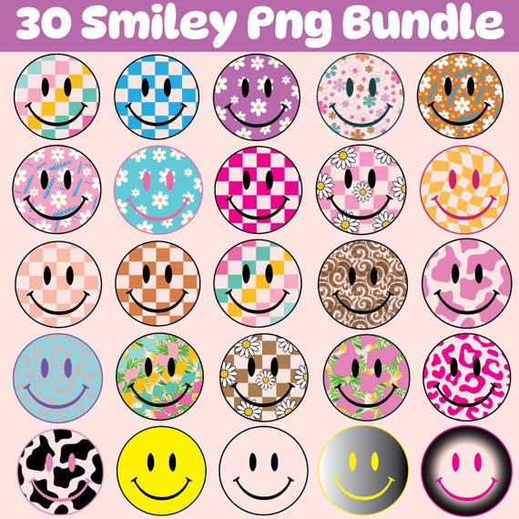 Smiley Face Png Bundle, Checkered Smiley Png, Daisy Smiley Png, Retro Flower Png, Distressed Smiley Png, Happy Face For Cricut, Silhouette