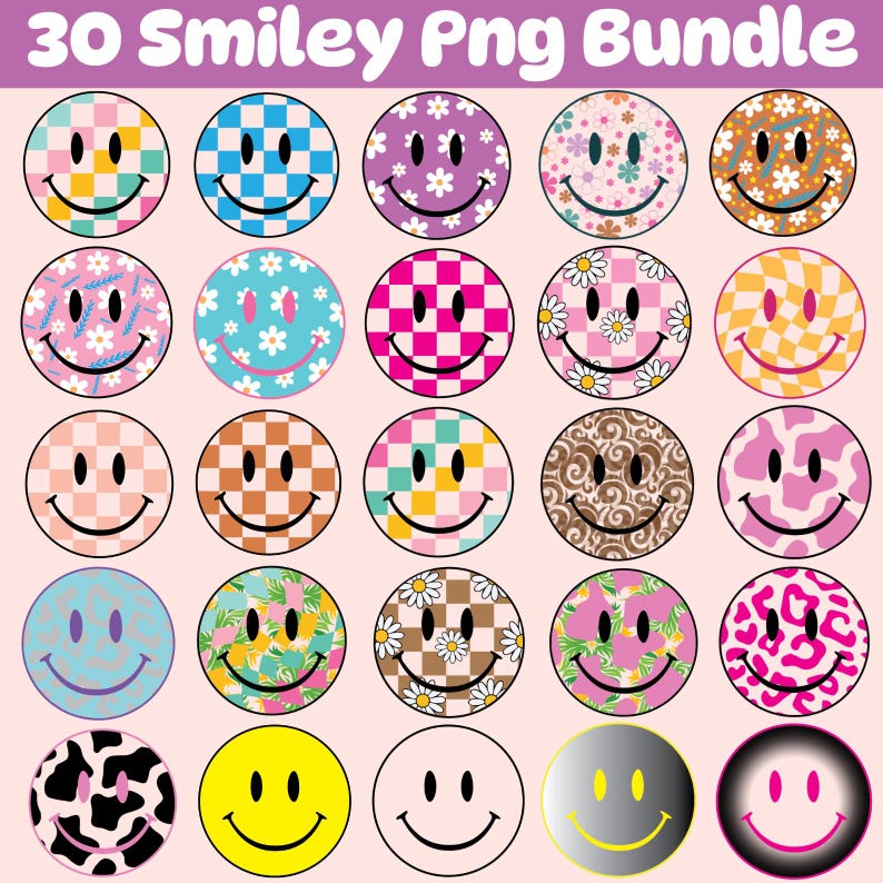 May include: A collection of 30 smiley face PNG graphics in various designs. Each smiley face is a circle with a smiling mouth and two eyes, featuring patterns like checkerboard, floral, and animal prints. The text "30 Smiley Png Bundle" is at the top.