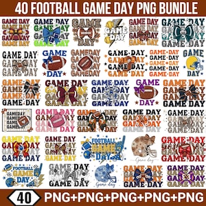 May include: A bundle of 40 football-themed PNG graphics. Designs feature footballs, helmets, bows, and "Game Day" text in diverse styles and colours. Ideal for digital crafting and sports-related projects.