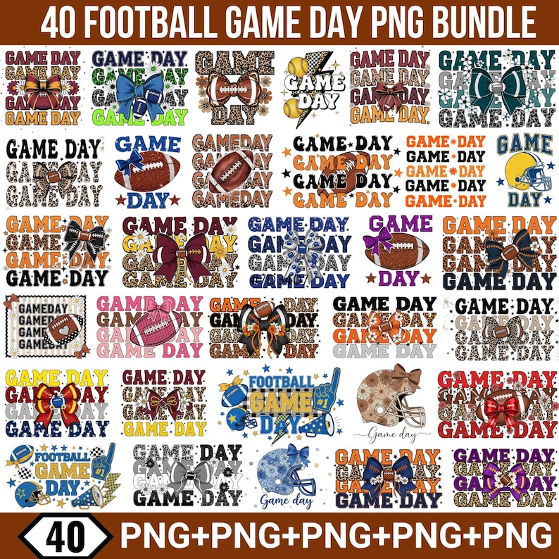 May include: A bundle of 40 football-themed PNG graphics. Designs feature footballs, helmets, bows, and "Game Day" text in diverse styles and colours. Ideal for digital crafting and sports-related projects.