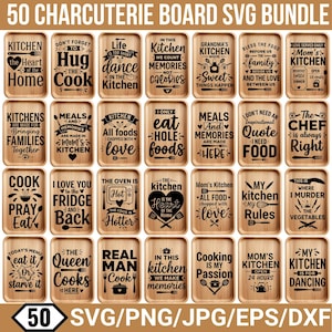 Puede incluir: Un paquete digital de 50 archivos SVG para tablas de embutidos. Cada diseño presenta citas y frases temáticas de cocina en texto negro. Incluye frases como "El corazón del hogar" y "Mi cocina, mis reglas".