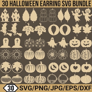 以下が含まれることがあります： 30個のハロウィーンをテーマにしたイヤリングSVGデザインのコレクション。デザインには、カボチャ、幽霊、魔女のシルエット、その他のフェスティバルシェイプが含まれています。「30 HALLOWEEN EARRING SVG BUNDLE」のテキストが上部にあり、「30 SVG/PNG/JPG/EPS/DXF」が下部にあります。