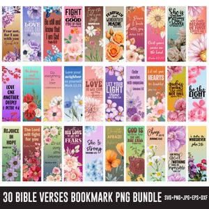May include: A set of 30 Bible verse bookmarks, each with a different floral design and inspirational quote. The bookmarks feature phrases such as "Fear not" and "Be still". The bundle includes SVG, PNG, JPG, EPS, and DXF files.