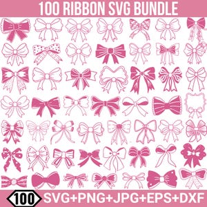 May include: A collection of 100 pink ribbon designs in various styles. The image includes the text "100 RIBBON SVG BUNDLE" at the top and file type information at the bottom: SVG, PNG, JPG, EPS, and DXF.