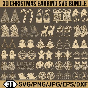 May include: A set of 30 Christmas earring SVG designs featuring festive shapes like Christmas trees, candy canes, gnomes, bells, reindeer, gingerbread people, snowflakes, and baubles. The text "30 CHRISTMAS EARRING SVG BUNDLE" is at the top.