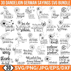 Può includere: Un pacchetto di arte digitale con 30 disegni di dente di leone con detti tedeschi. Ogni disegno include un'illustrazione di dente di leone e una citazione in tedesco. Il pacchetto include i formati di file SVG, PNG, JPG, EPS e DXF.