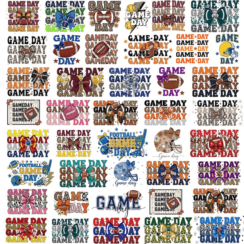 May include: A selection of "Game Day" designs featuring American football elements. Designs include footballs, helmets, and bows, with the text "Game Day" in diverse styles. The image's theme is centered around American football.
