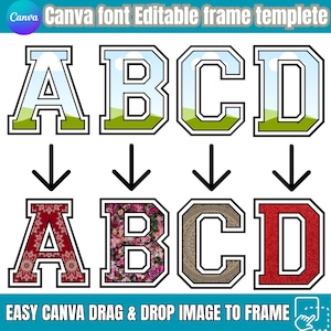 May include: A graphic featuring the letters A, B, C, and D in a varsity-style font, with two variations of each letter. The top row has a sky and grass background, while the bottom row features floral, textured, and glitter designs. Text at the top and bottom.