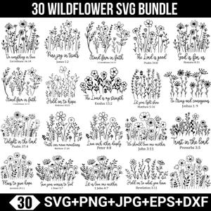 Inspirational Bible Verse Svg Bundle, Bible Wildflowers Svg, Wildflower Svg, She Is Strong, Scripture Svg, Floral Svg, Christian  For Cricut