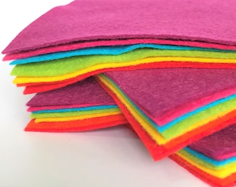 Bright Felt Collection - 7 sheets of felt - Choose the Size - 30% Wool Blend Felt - Soft Craft Felt - Turquoise, Pink, Purple, Yellow, Green