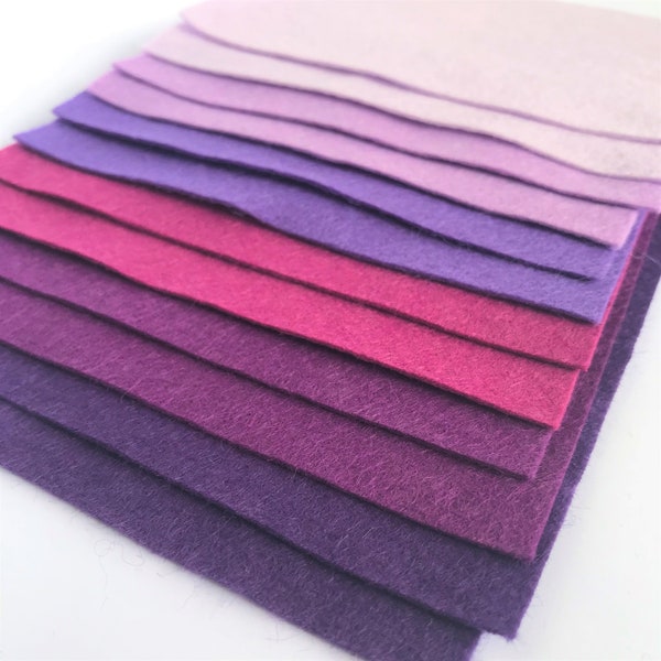 Purples Felt Collection - 12 Sheets of Purple Wool Blend Felt - Felt Bundle - 30% Wool Blend Felt - Choose the size - Soft Craft Felt