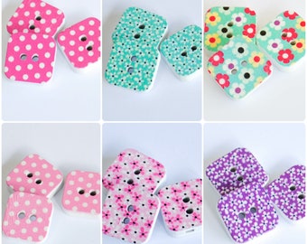 Square Wooden Buttons - 10 Buttons - 15mm two hole buttons - Polka Dot Buttons - Flower Buttons