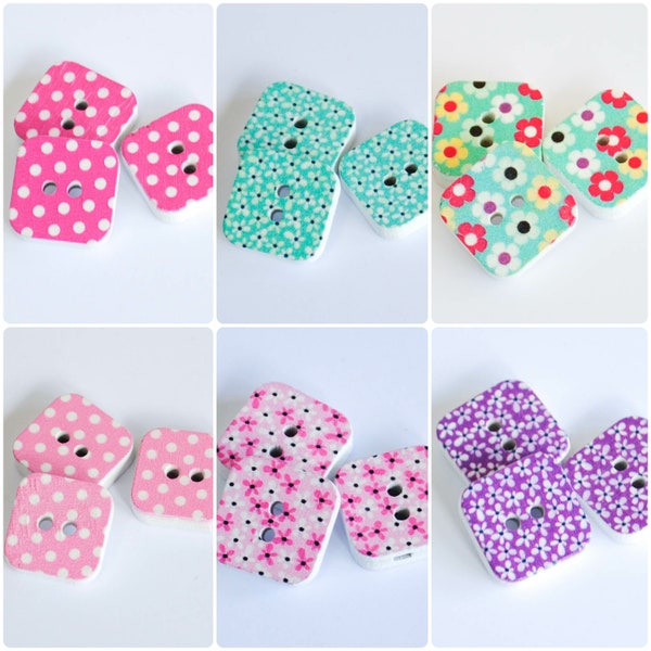 Square Wooden Buttons - 10 Buttons - 15mm two hole buttons - Polka Dot Buttons - Flower Buttons
