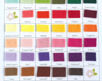 30% Wool Blend Felt SHADE CARD - Felt Swatches - Sample Card - Help to choose your colours!