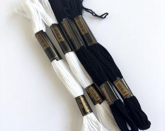 Embroidery Thread - Black and White, 2 of each colour - 8m Skeins - 100% Cotton