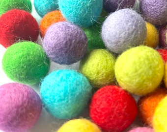 BRIGHT RAINBOW - Pack of 40 Assorted Wool Felted Balls - 2cm diameter