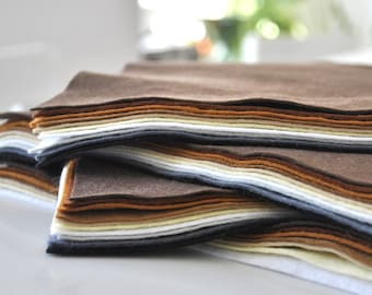 Lot de 10 feuilles de feutre aux couleurs des animaux - Taille au choix - Feutre mélangé 30 % laine - Feutre artisanal doux - Gris, bruns, noir et blanc