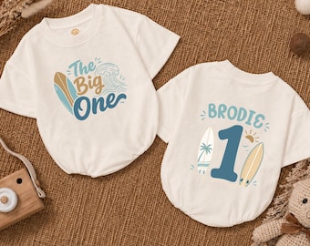 Personalized The Big One Bubble Romper, Beach Theme 1st Birthday Baby Outfit, Wave Surfer Bodysuit, Surfer Theme Toddler Shirt