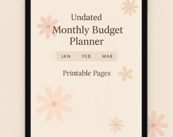 Pode incluir: Um tablet digital exibe um planejador de orçamento mensal sem data com detalhes florais. O texto diz "Download instantâneo", "Planejador de orçamento mensal sem data" e "Acompanhe suas finanças com facilidade". O design usa cores suaves de pêssego e creme.