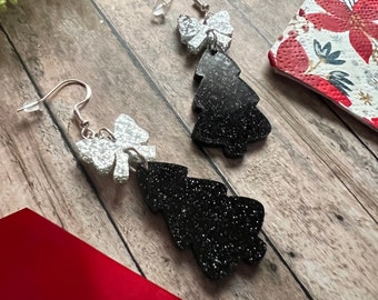 Holiday Black Tree Winter Christmas Dangle Earrings