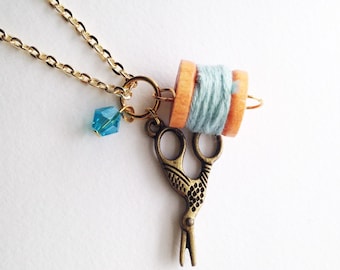 Sewing Thread Scissor Blue Charm Gold Necklace