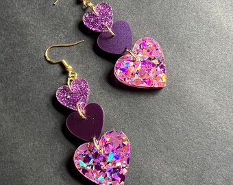 Purple Heart Glitter Dangle Earrings