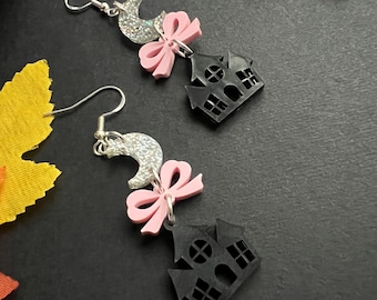 Pink Halloween Haunted House Couqette Dangle Earrings