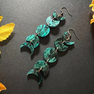 Green Moon Phase Dangle Earrings. Witch Halloween Werewolf Earrings