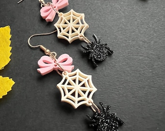 Pink Halloween Spider Web Couqette Dangle Earrings
