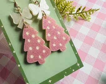 Holiday Pink Tree Winter Christmas Dangle Earrings