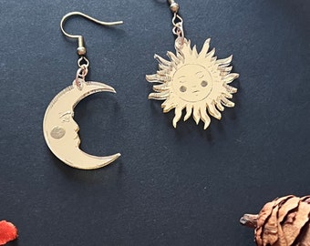 Gold Sun and Moon Dangle Earrings. Acrylic Mirror Earrings