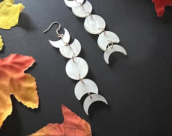 White Pearl Moon Phase Dangle Earrings. Witch Halloween Werewolf Earrings