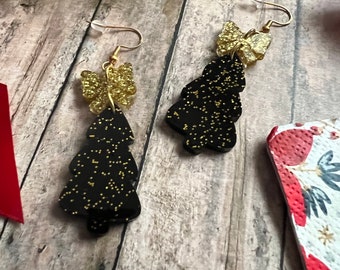 Gold and Black Tree Winter Christmas Dangle Earrings