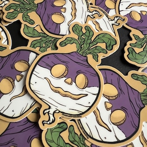 May include: A collection of stickers featuring a cartoon turnip design. The turnip has a purple top, white body, and green leaves. The design includes a smiling face with yellow accents and the text "foxandbrambles".