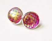 Pink Mermaid Dragon Scale Silver Post Earrings