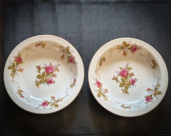 Zestaw 2 misek Vintage Summit Fine China z motywem róży i mchu, różowe miseczki deserowe z kwiatowym wzorem, miski do serwowania w stylu Cottagecore, zastawa stołowa w stylu shabby chic