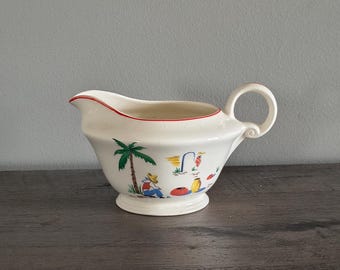 Jarra de crema de cerámica vintage, Edwin M. Knowles China Co., Jarra con diseño de palmera en una isla, decoración rústica de casa de campo, jarra de crema de cocina retro.